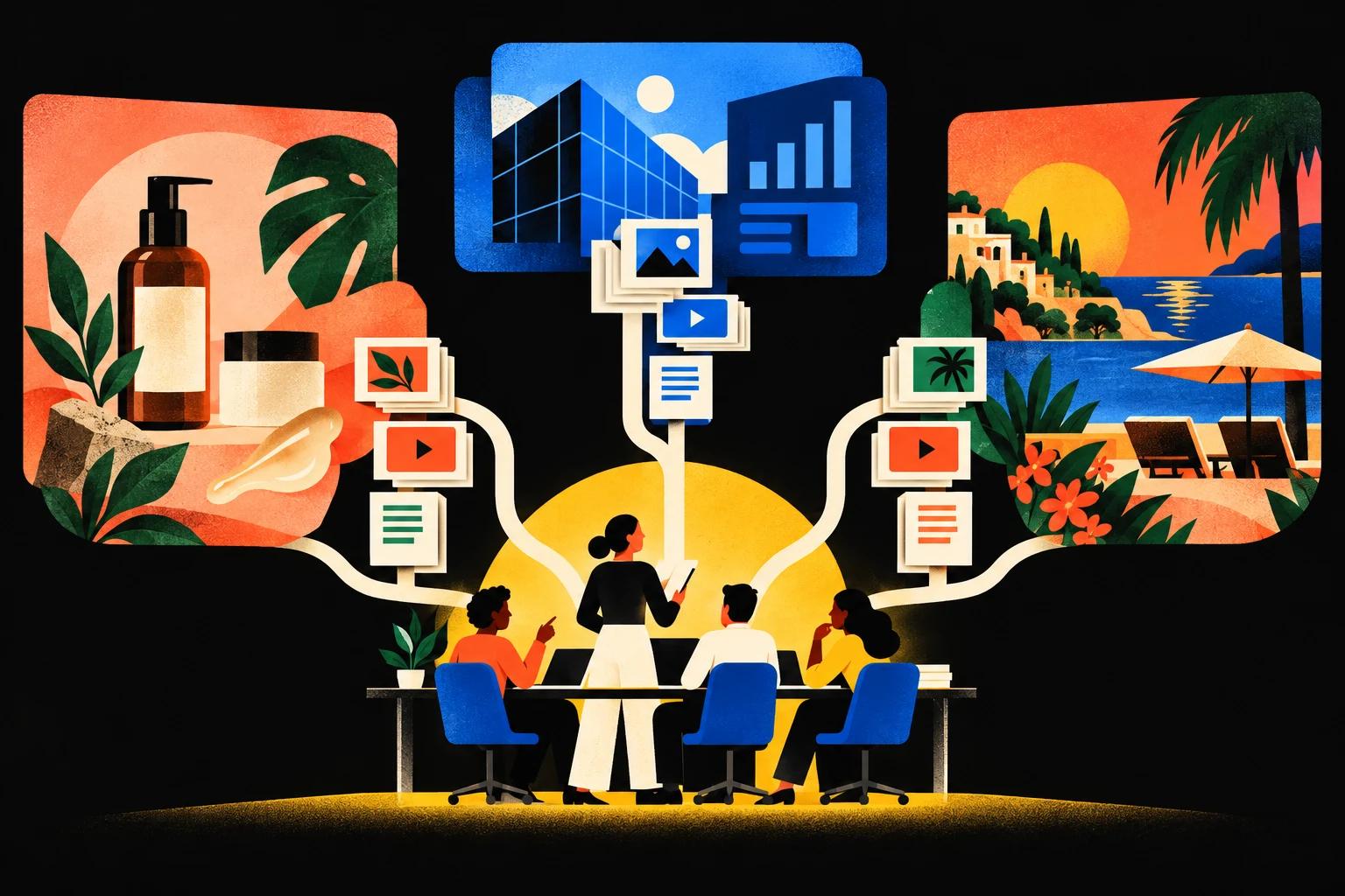 One agency team producing distinct skincare, SaaS and hospitality campaigns through a shared workflow