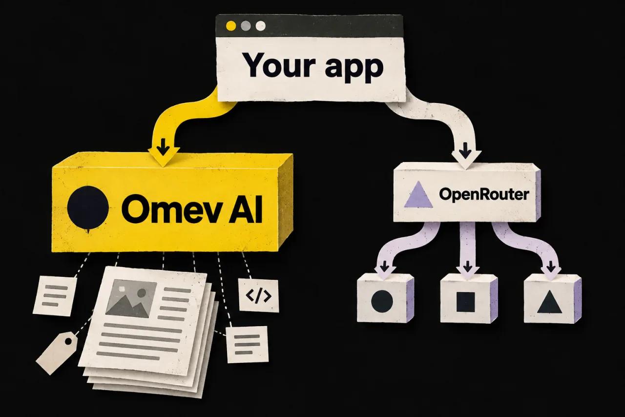 An app sends content tasks directly to Omev AI and other work through OpenRouter model routing.