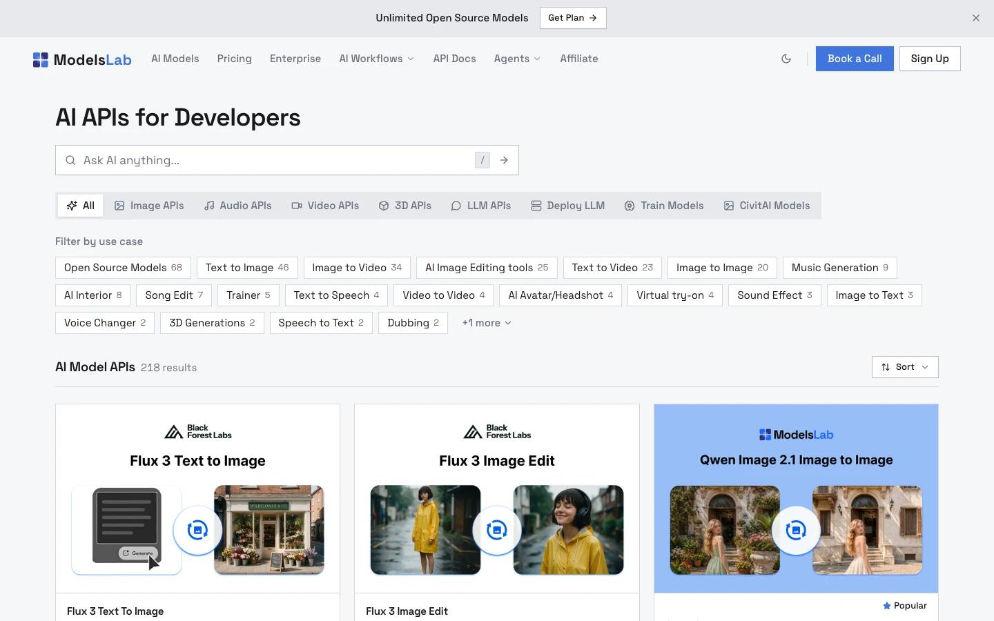 Screenshot of the ModelsLab homepage, captured on 2026-10-05