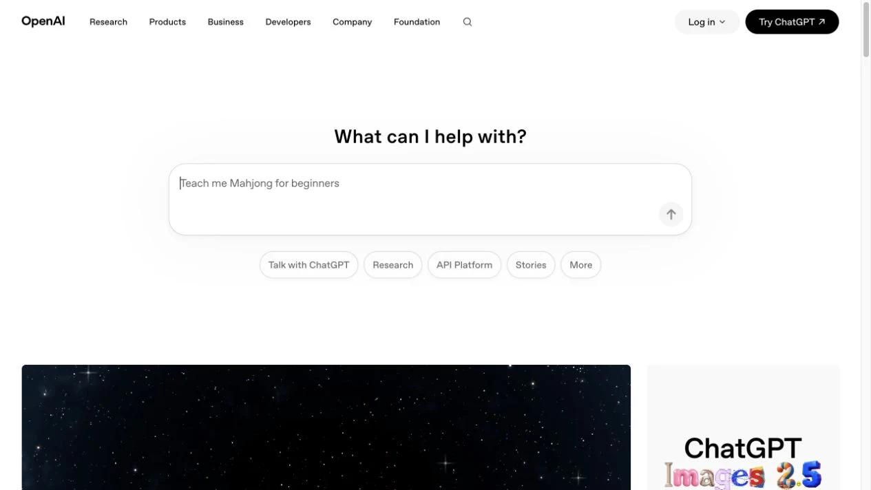 Screenshot of the OpenAI homepage, captured on 2026-09-16
