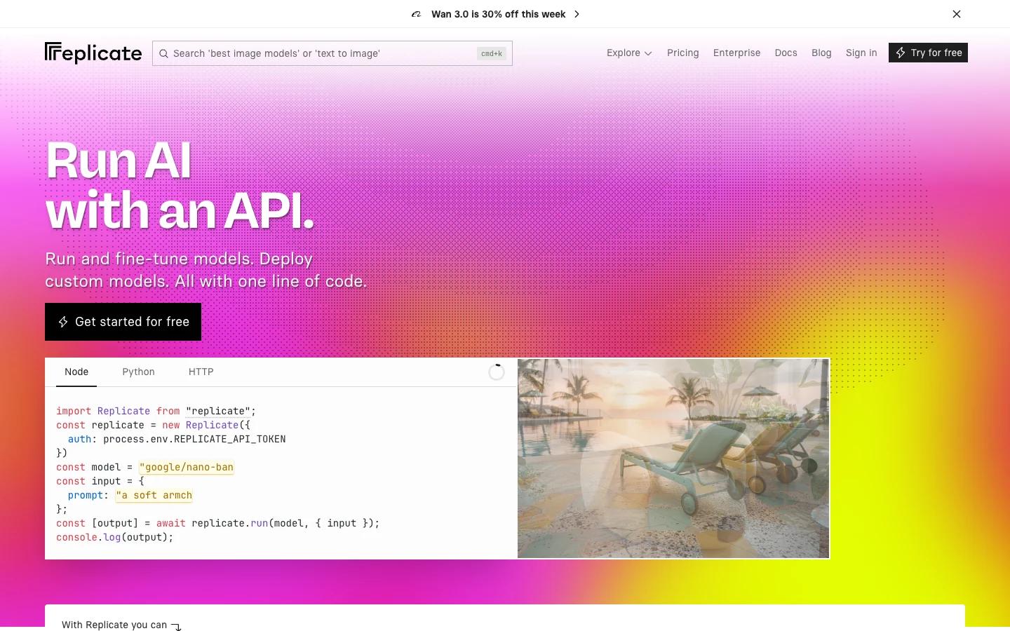 Screenshot of the Replicate homepage, captured on 2026-10-05