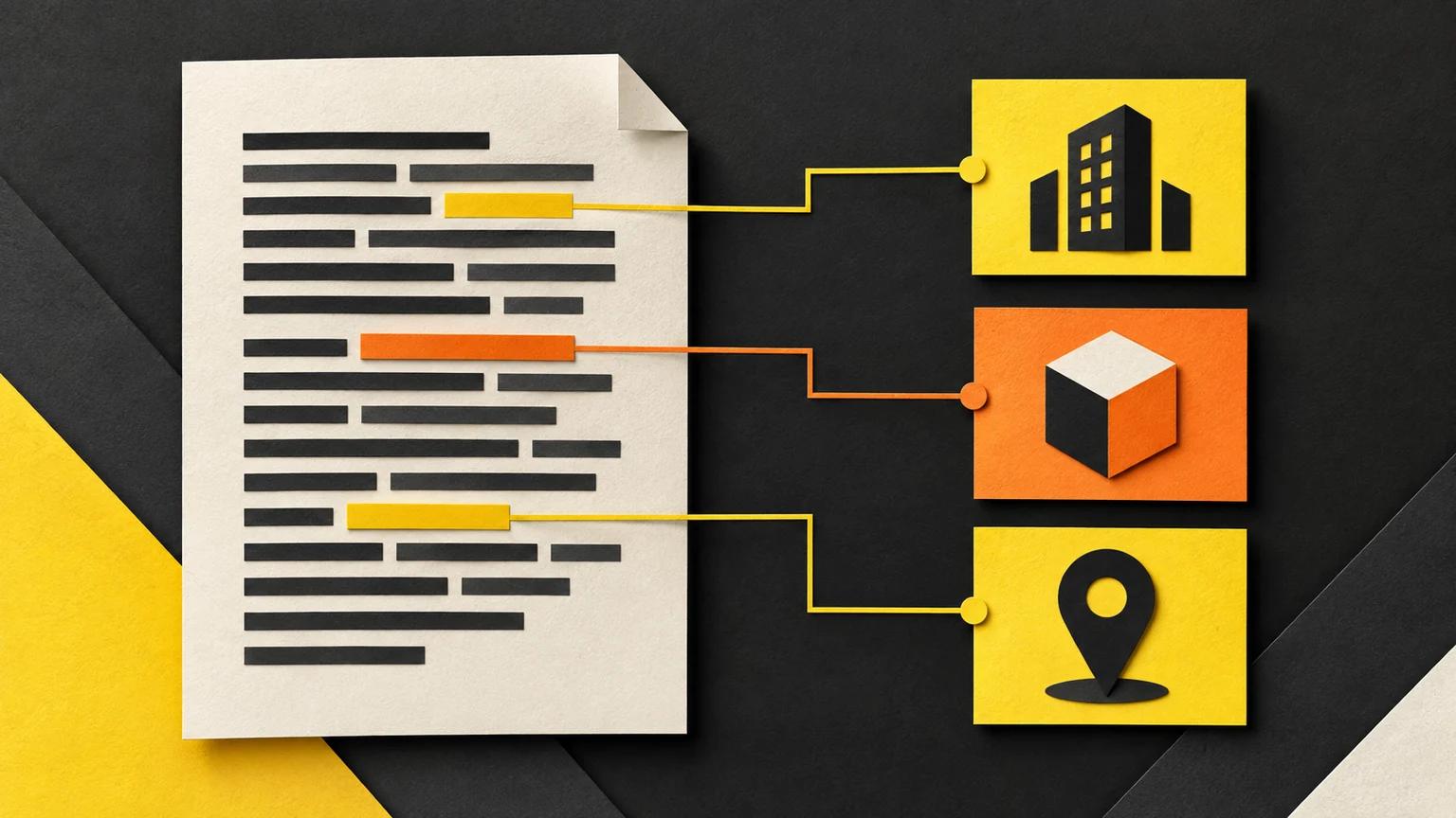 Highlighted mentions on a paper document connect to separate company, product and location cards.
