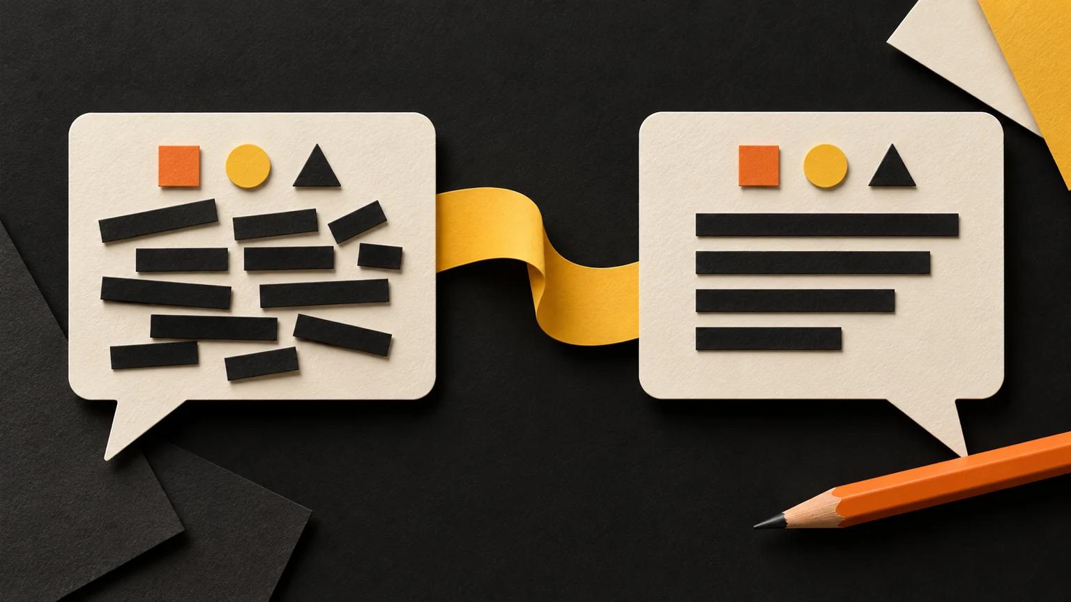 Two paper speech cards retain the same geometric facts while their text lines become clearer and more orderly.