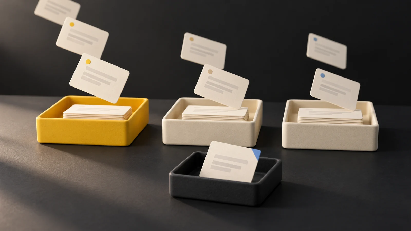 Message cards sorted into yellow and ivory trays, with an ambiguous card set aside for human review.