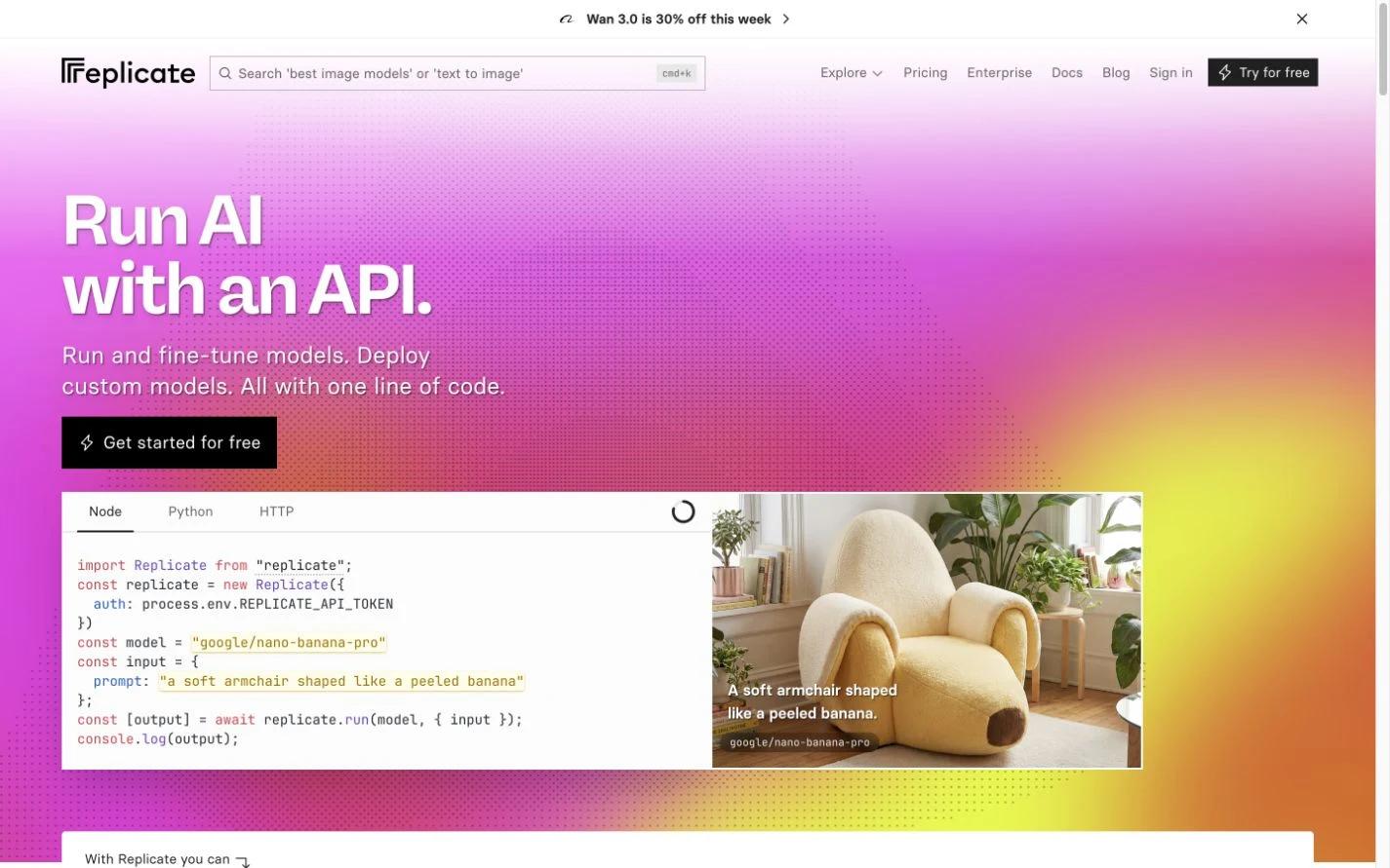 Screenshot of the Replicate homepage, captured on 2026-09-11