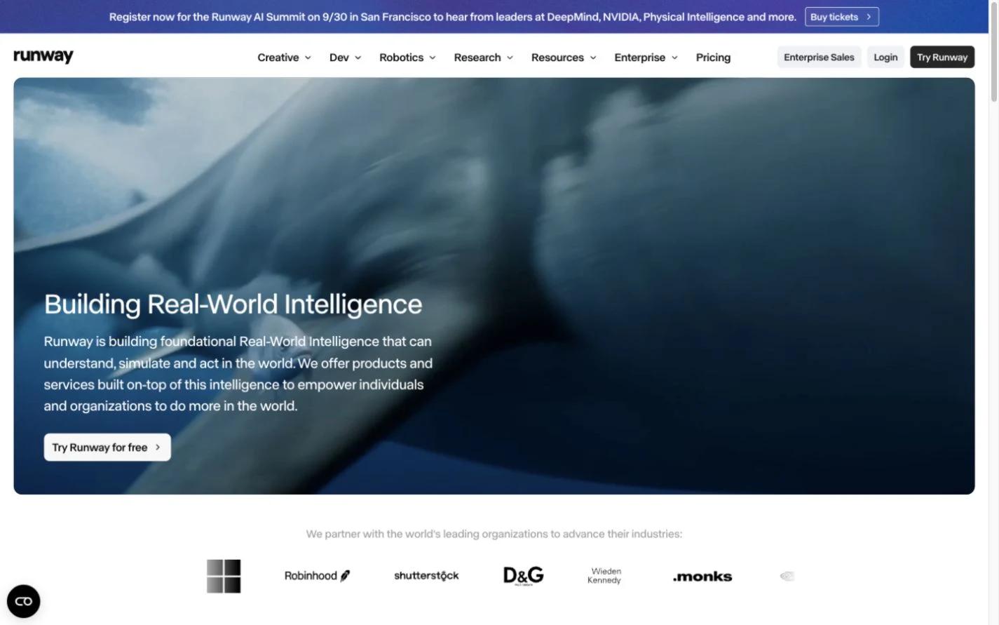 Screenshot of the Runway homepage, captured on 2026-09-11