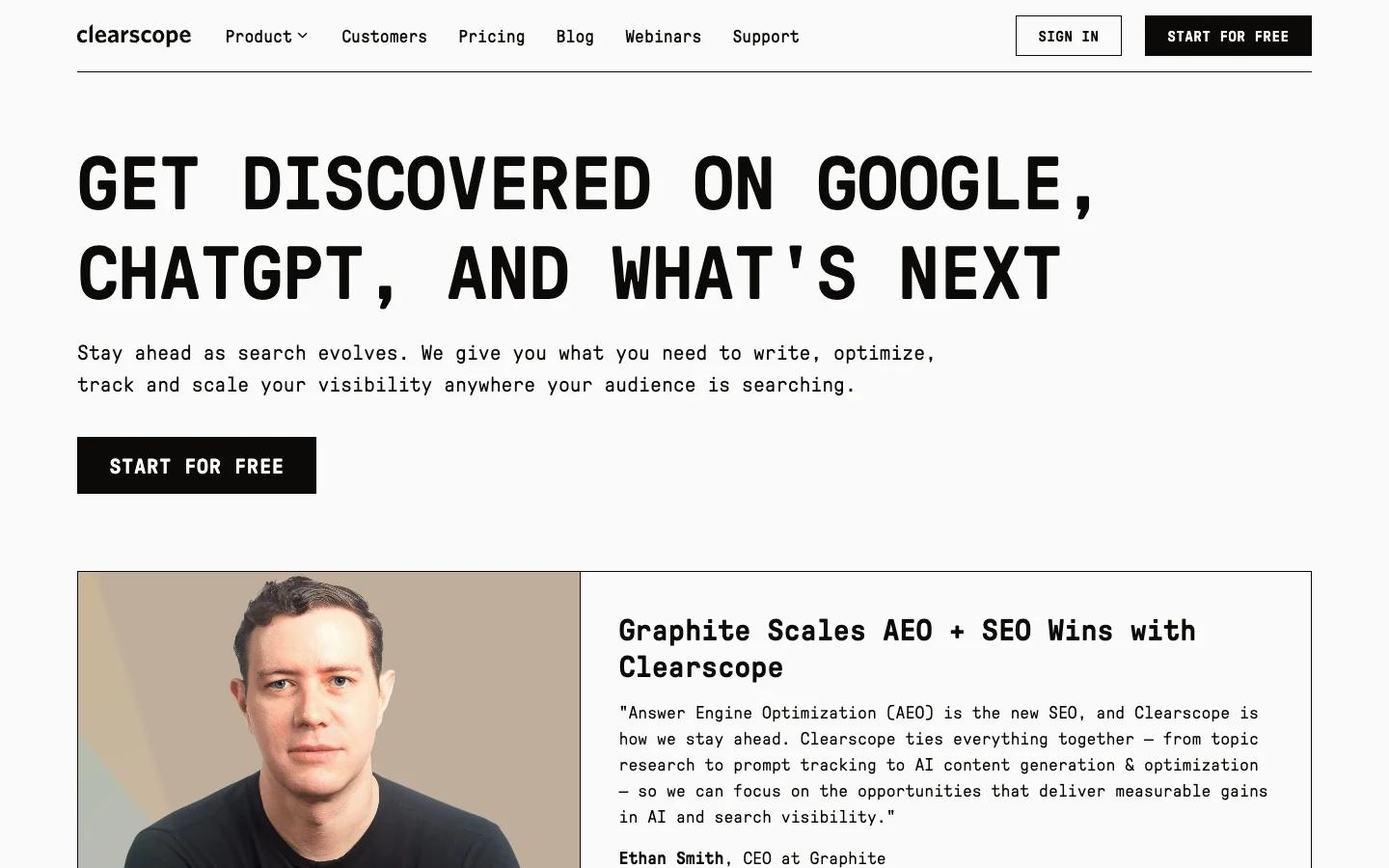 Screenshot of the Clearscope homepage, captured on 2026-09-15