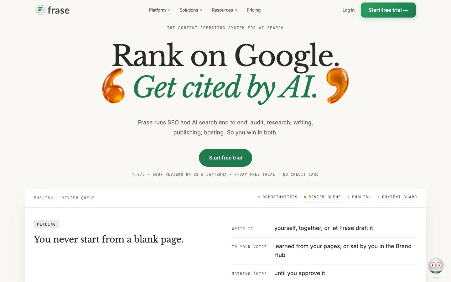 Screenshot of the Frase homepage, captured on 2026-09-15