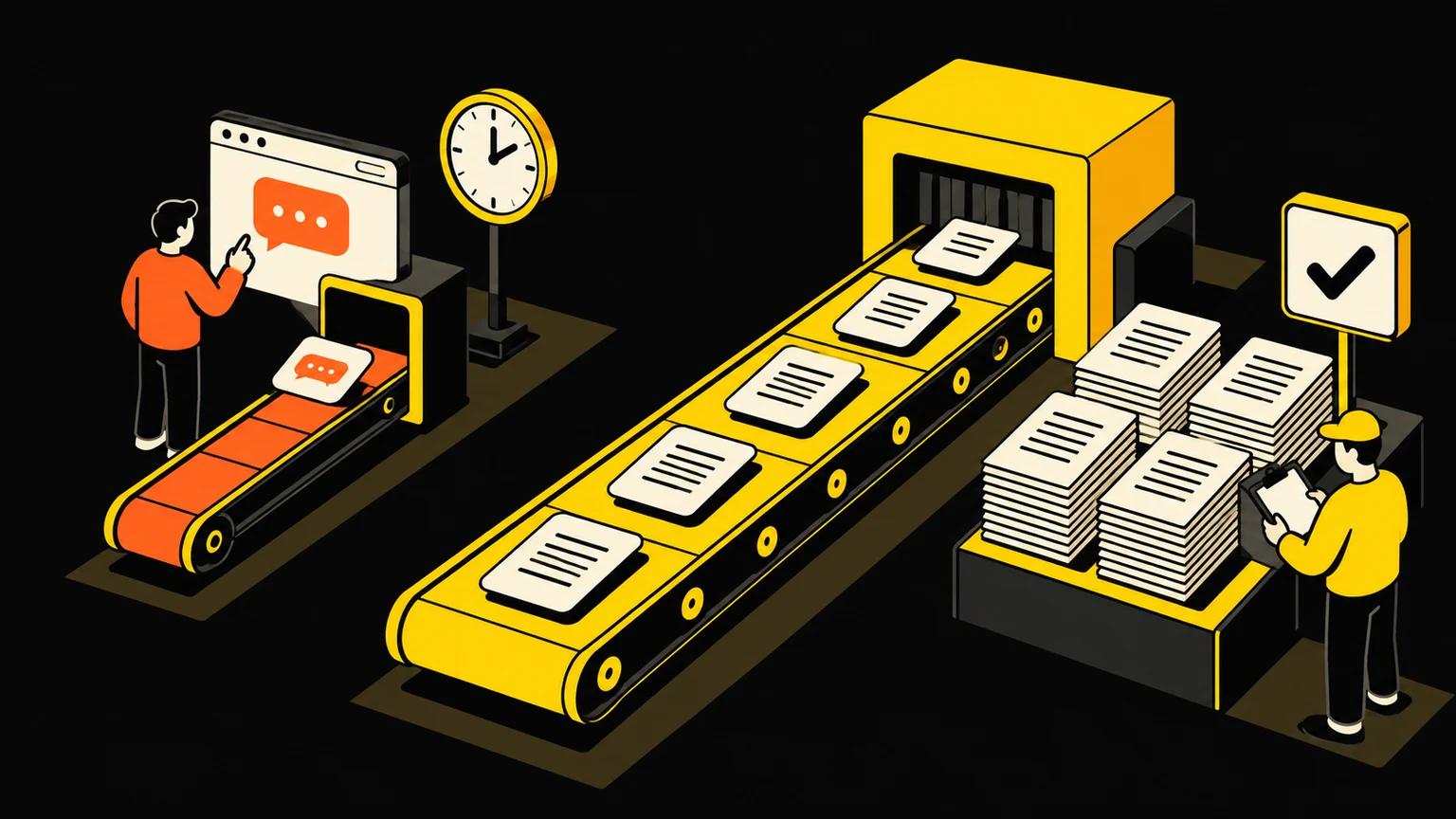An orange lane delivers a live chat reply while a yellow production line sorts finished documents through review.