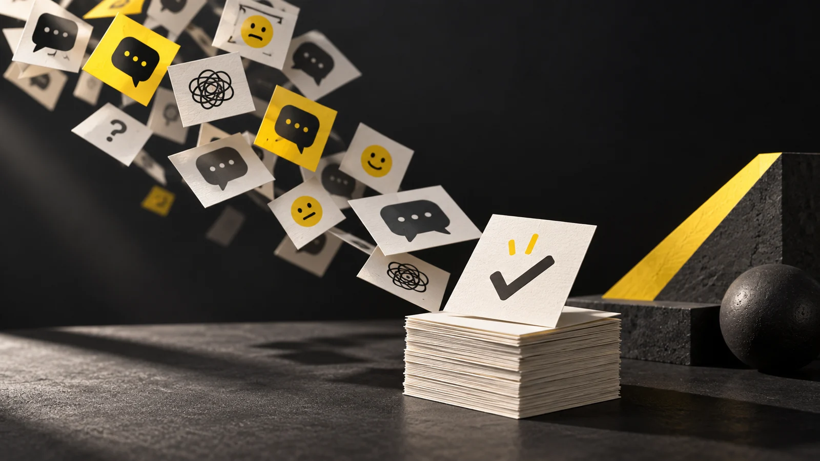 Scattered conversation cards gather into an orderly stack of evidence cards, with one yellow-accented checkmark.