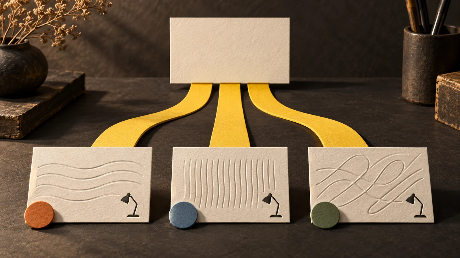 One campaign brief branches into three distinct brand-voice cards, each retaining the same desk-lamp symbol.