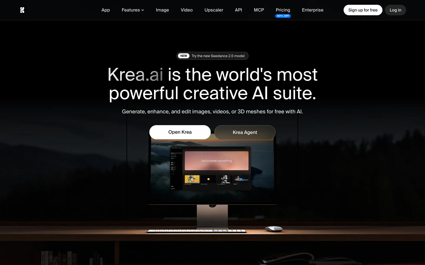 Screenshot of the Krea AI homepage, captured on 2026-09-25