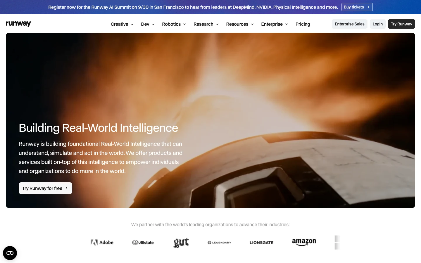 Screenshot of the Runway homepage, captured on 2026-09-25