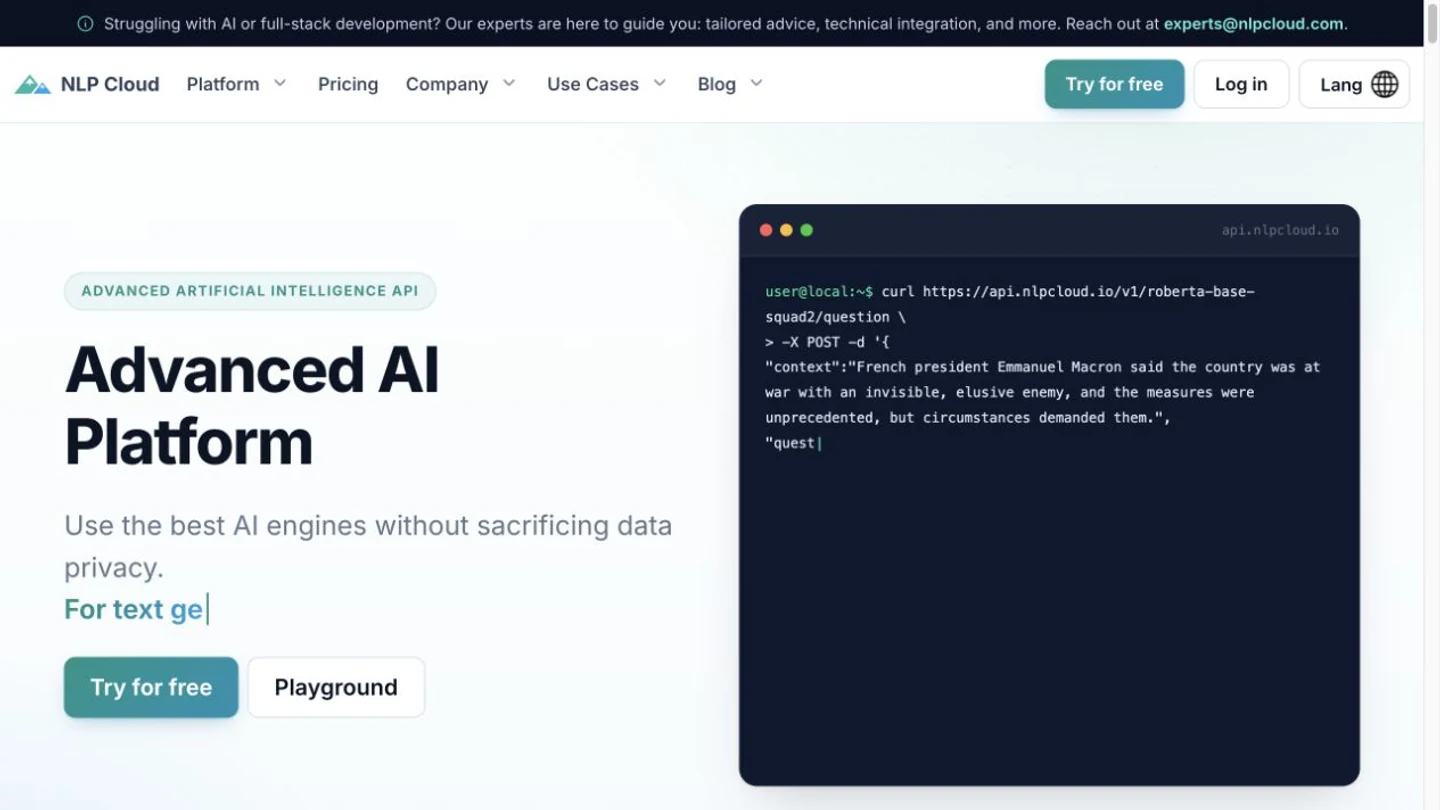Screenshot of the NLP Cloud homepage, captured on 2026-09-24