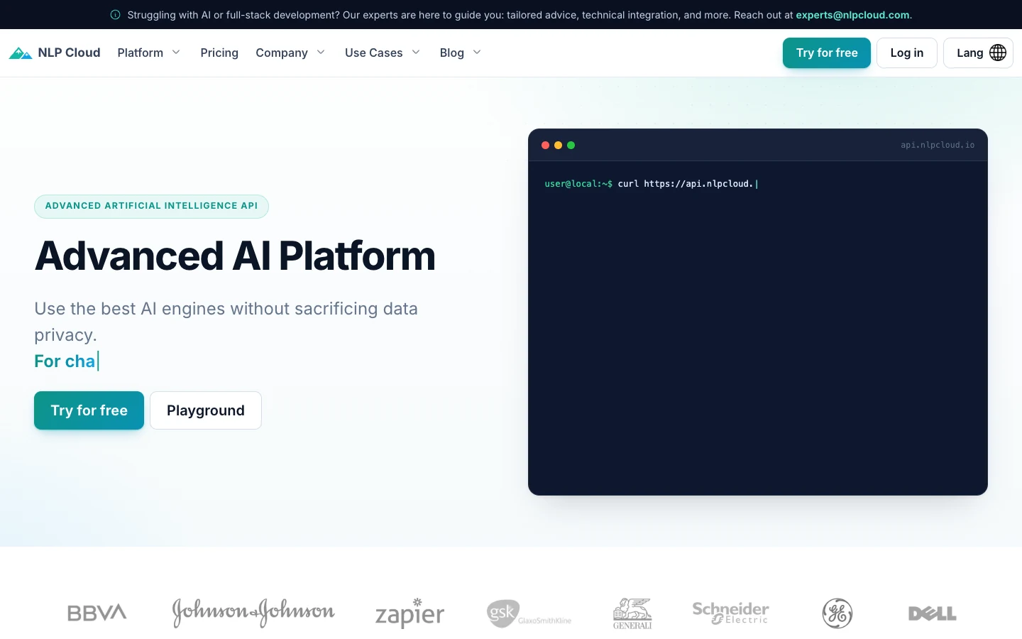 Screenshot of the NLP Cloud homepage, captured on 2026-09-30