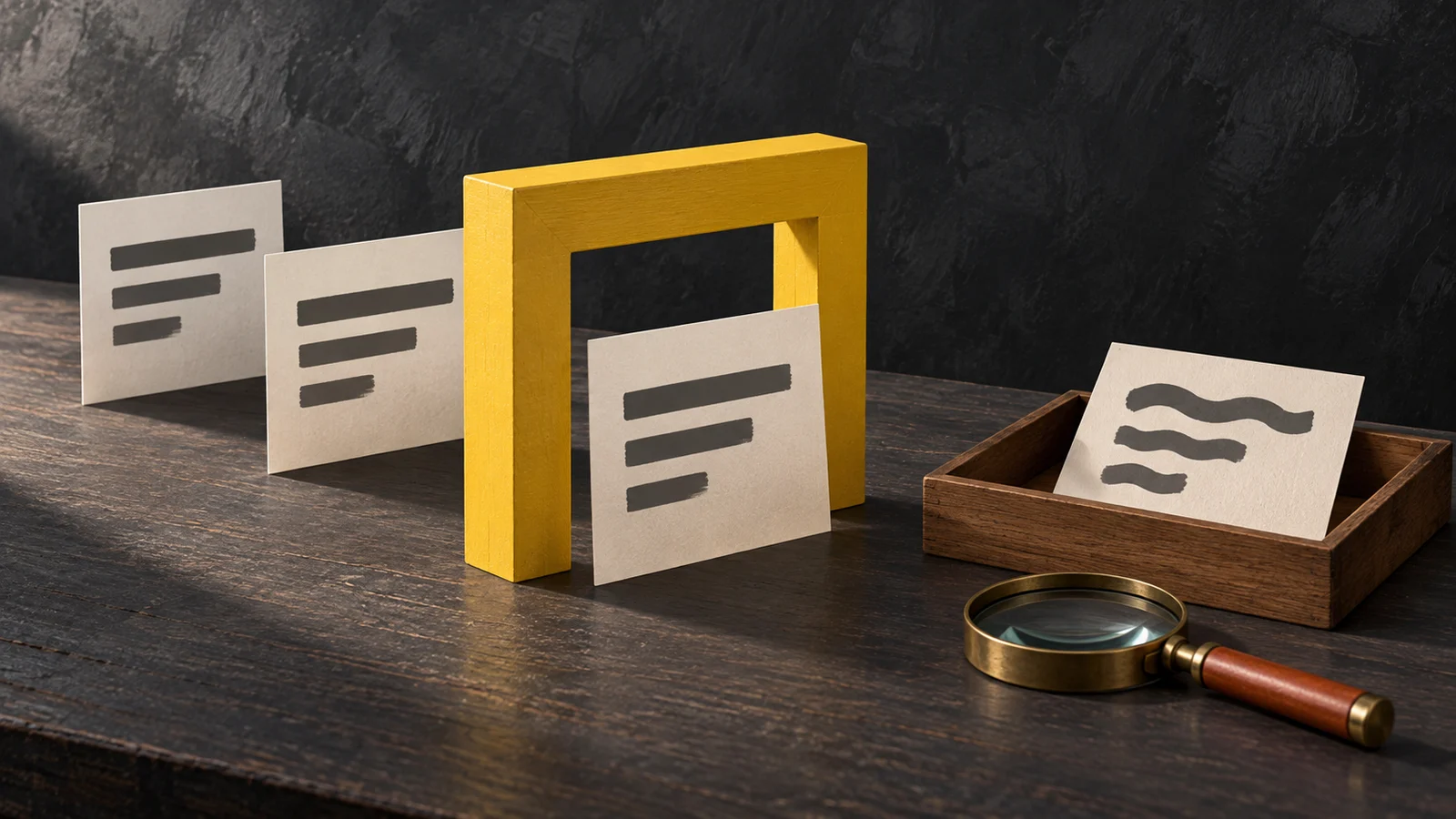 Ivory message cards pass through a yellow inspection frame, while one waits in a review tray beside a magnifying glass.