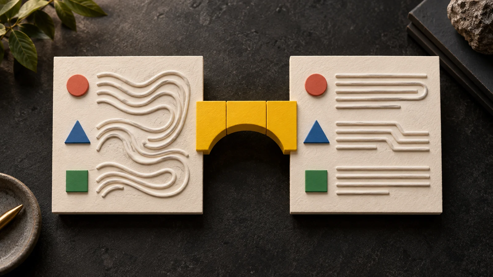 Two ivory panels have different line patterns but matching colored shapes, joined by a yellow bridge to illustrate rewriting that preserves meaning.