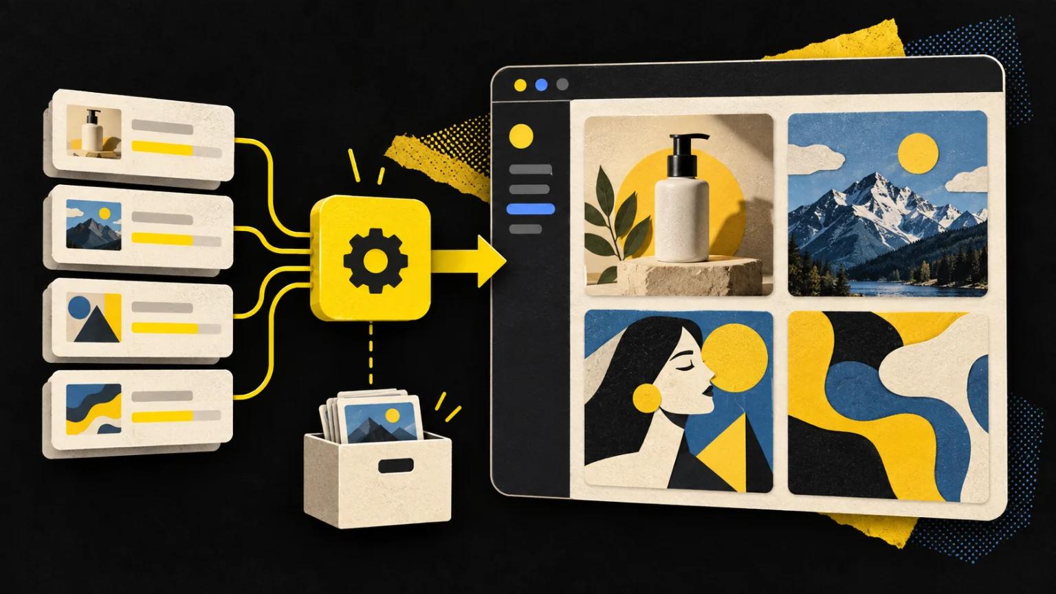 Image generation jobs feed a SaaS asset gallery, with finished images saved to storage.