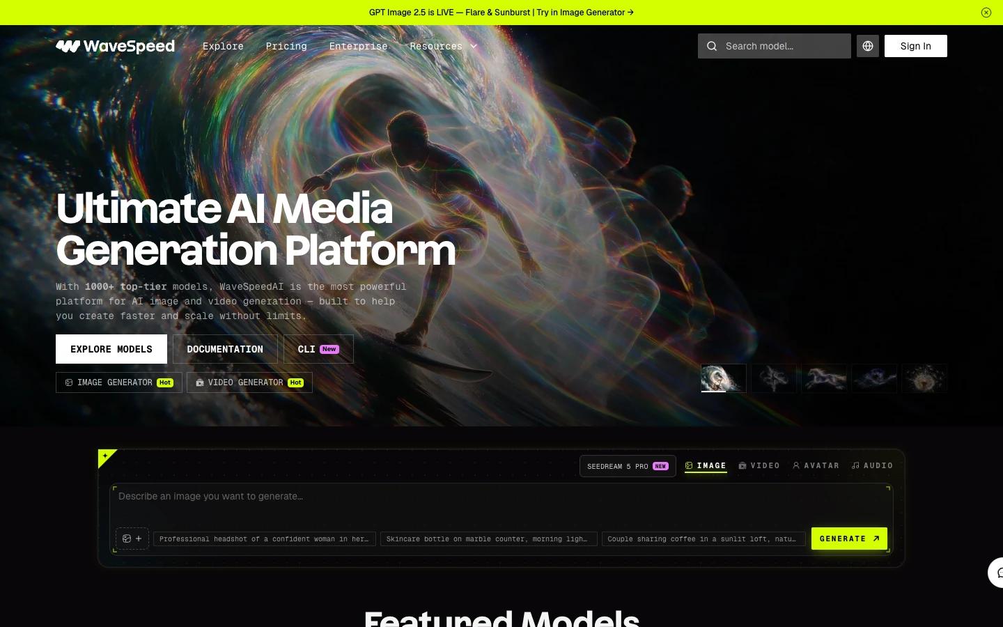 Screenshot of the WaveSpeedAI homepage, captured on 2026-09-14