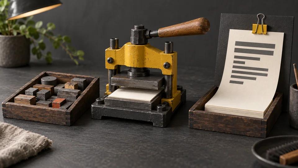 Yellow letterpress with modular type blocks and an ivory article sheet clipped to a review board.