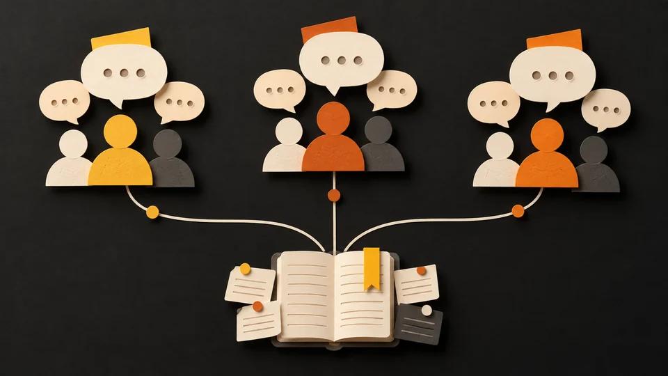 Three groups of conversation bubbles and abstract people connect to a notebook of research evidence.