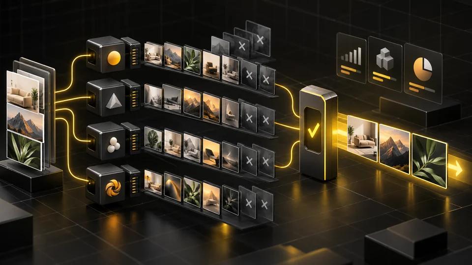 Image API pipelines producing generated assets through an approval gate.
