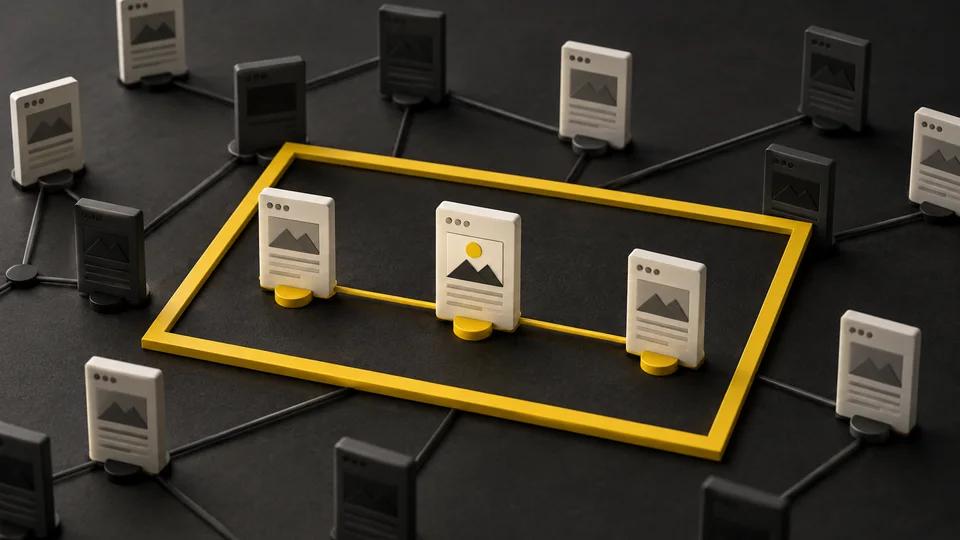 Ivory page tiles on a charcoal board with a yellow frame highlighting relevant connected pages.
