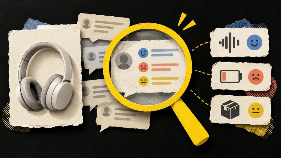 A magnifying glass separates a headphone review into opinions about sound, battery life and delivery.