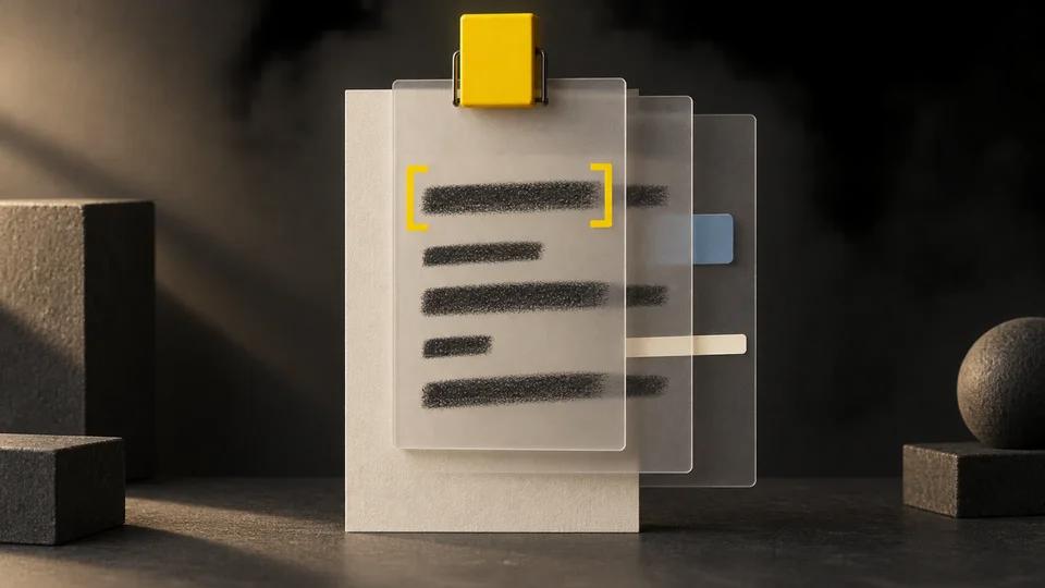 An ivory message card with layered annotations, a yellow bracket, blue topic tab and yellow binding clip.