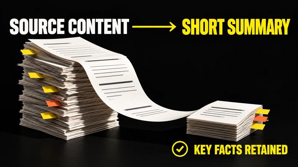 Source content becomes a short summary, with labeled paper stacks and colored markers showing key facts retained.