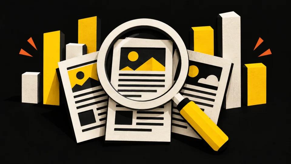 A magnifying glass examines article pages against varied observation blocks.