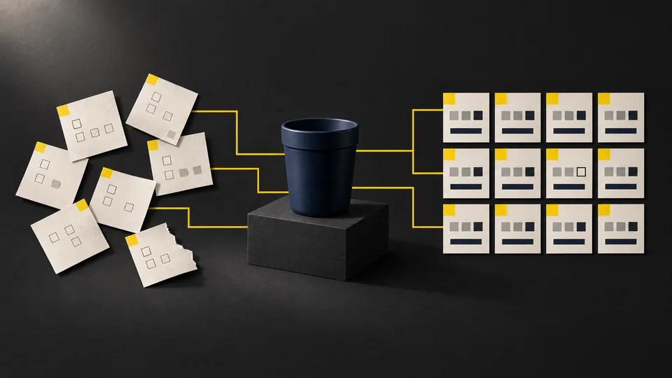 A navy cup between incomplete product cards and an organized catalog, linked by yellow paths.