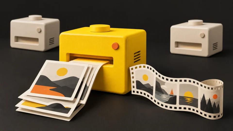 A yellow media generator producing landscape image cards and a filmstrip beside two neutral generators.