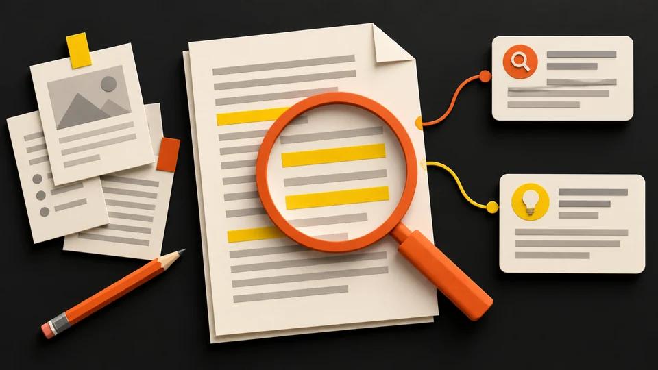 An orange magnifying glass examines highlighted source-backed content connected to search and answer cards.