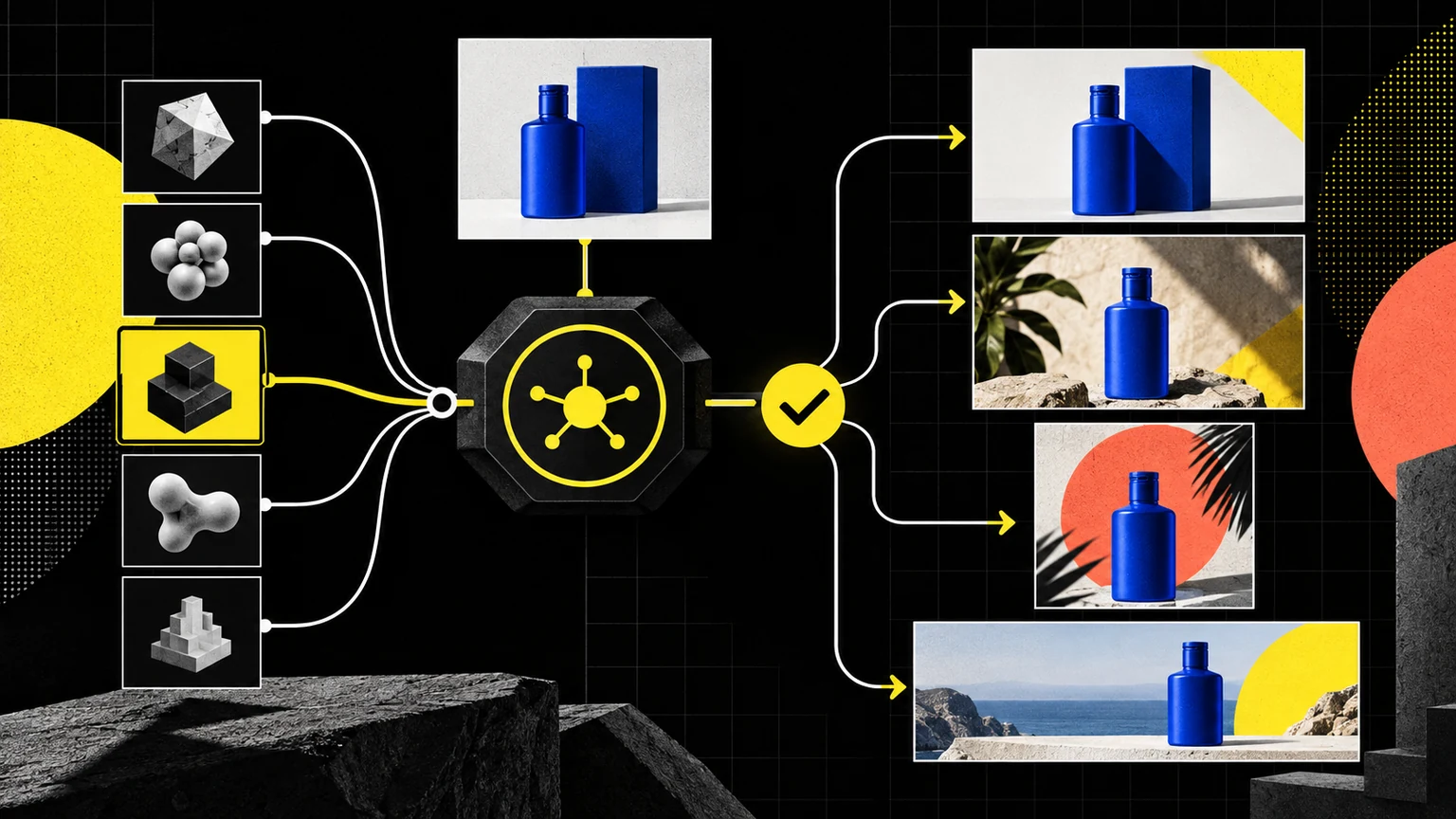 Editorial illustration of multiple image model routes turning one approved blue product reference into consistent SaaS campaign assets.