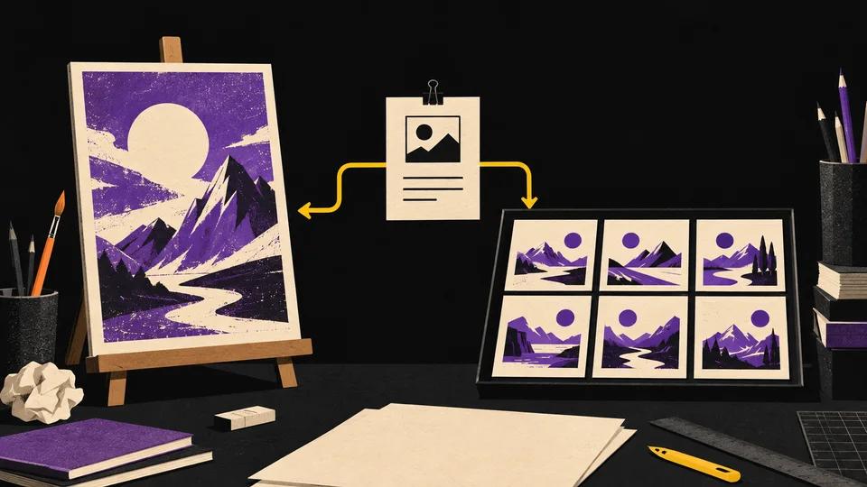 A creative brief branches toward an individual art print and a tray of repeatable landscape illustrations.