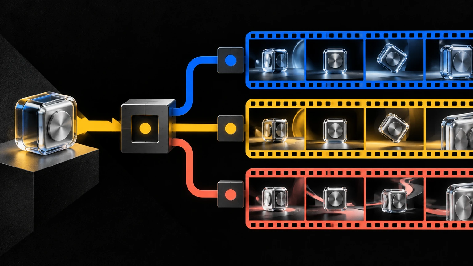 Editorial illustration of one SaaS product entering an API pipeline and emerging as consistent video sequences across several provider routes.