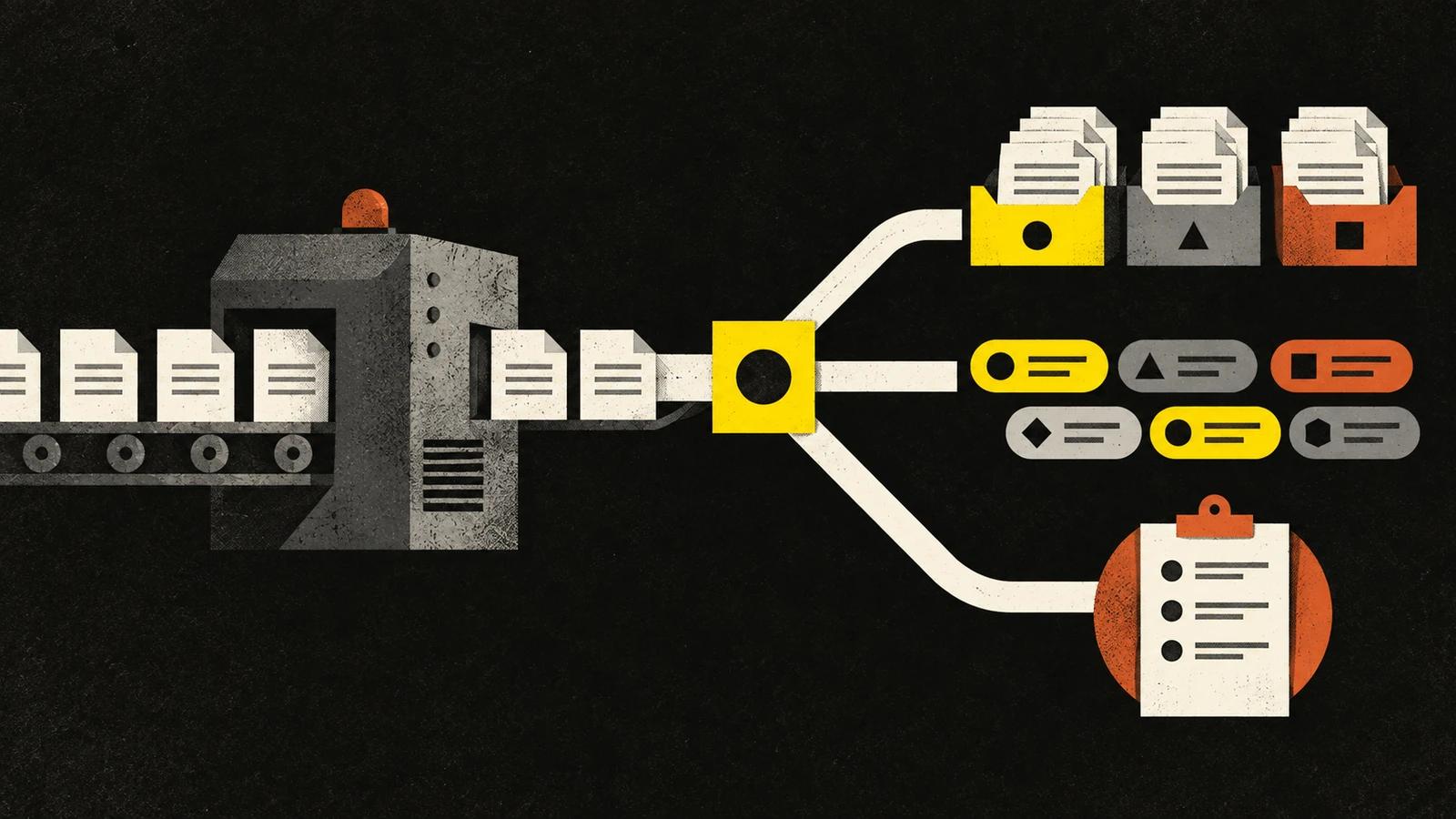 Editorial illustration of text classification and entity extraction routes
