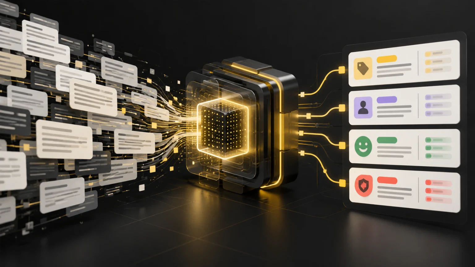 Editorial illustration of unstructured text flowing through an analysis engine and emerging as structured category, entity, sentiment, and moderation records.
