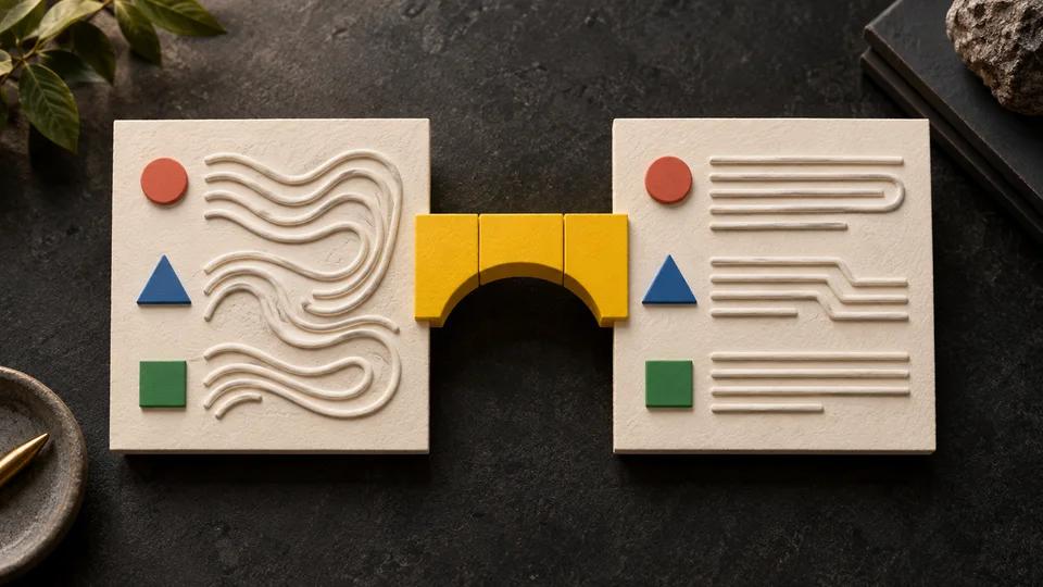 Two ivory panels have different line patterns but matching colored shapes, joined by a yellow bridge to illustrate rewriting that preserves meaning.