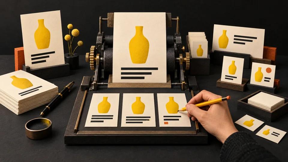 A product brief becomes a series of consistent copy cards on a small editorial printing bench.