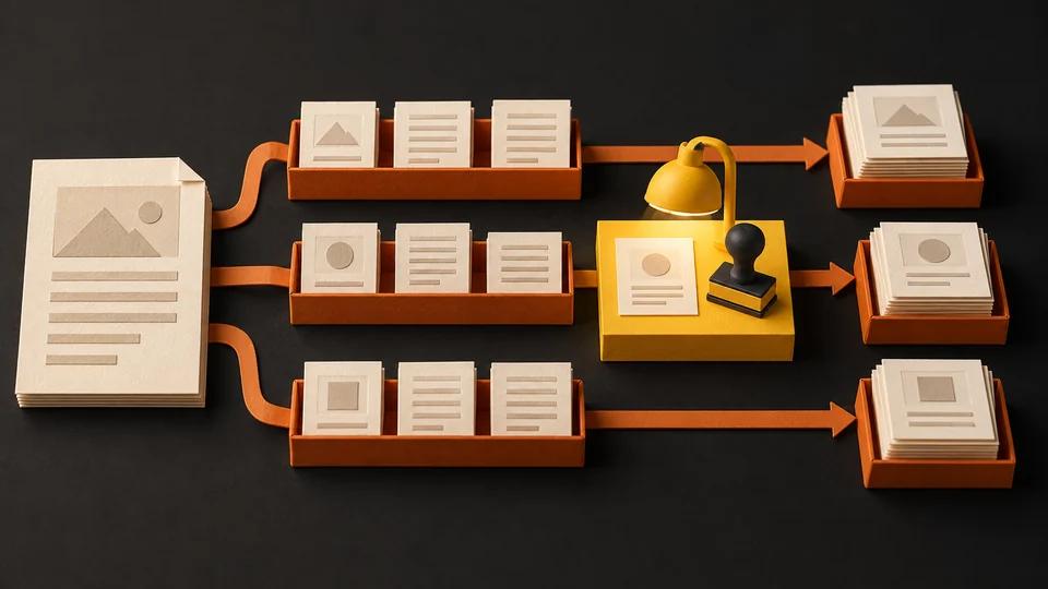 Paper article cards move from an approved brief through an editorial review desk into organized batches.