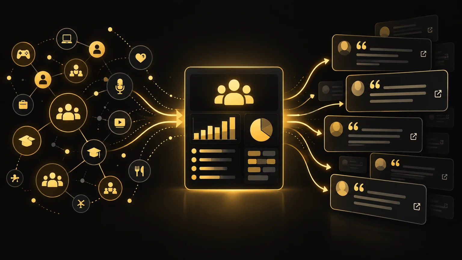 Editorial illustration of audience affinity signals and source-linked public discussions flowing into an evidence dashboard.