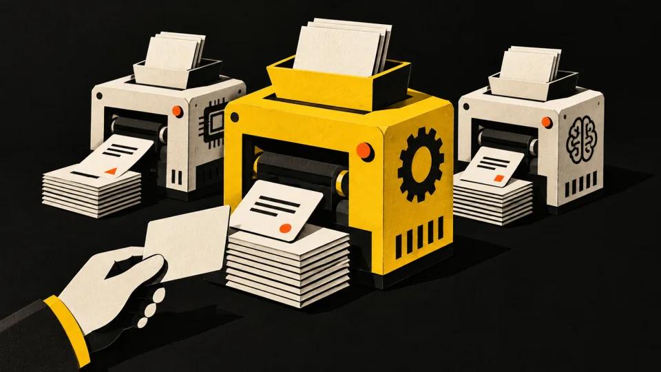 Three content production machines, with a yellow machine in the foreground.