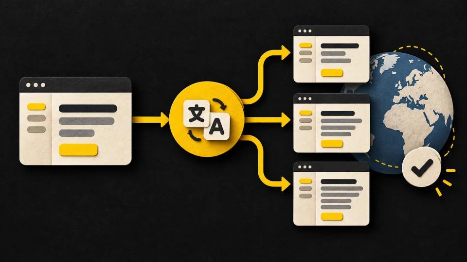 One software interface is translated into three localized versions around a globe.