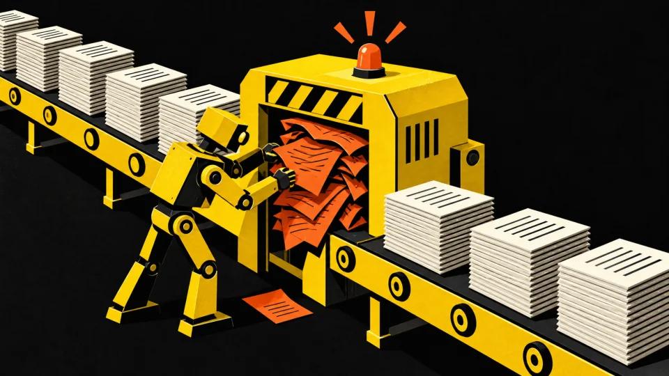 A paper jam at a checkpoint in a content production line.