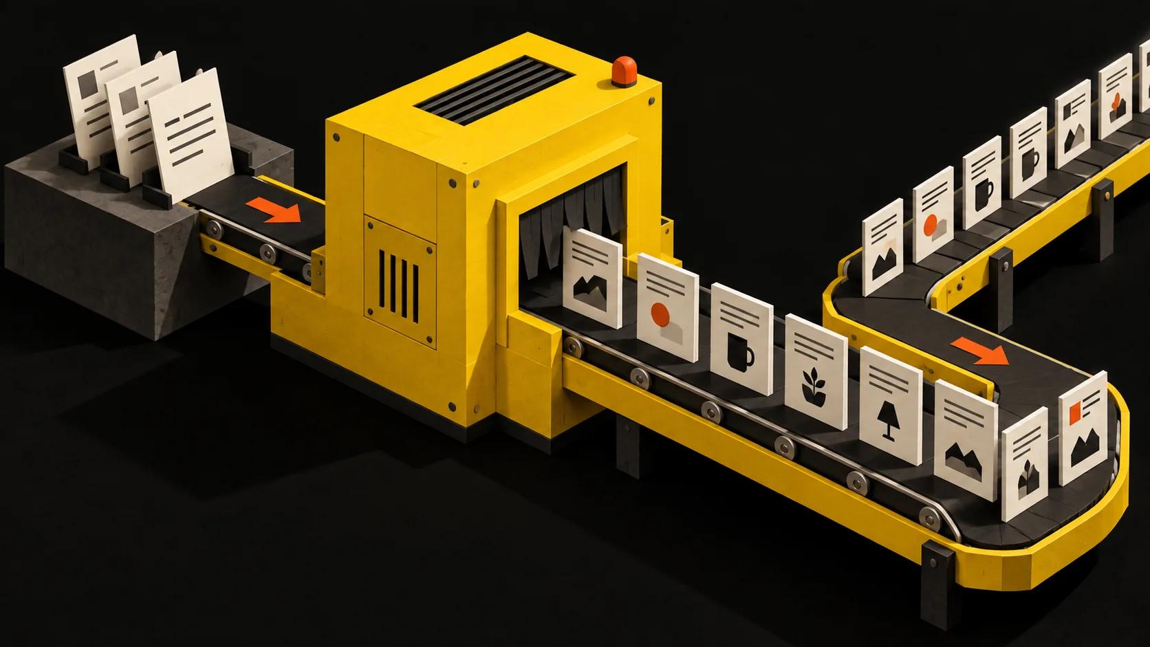 An illustrated yellow production unit turns source briefs into orderly rows of content cards.