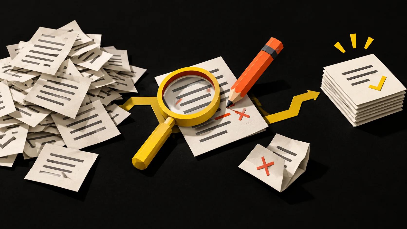 A pencil and magnifying lens review a pile of drafts before a smaller stack of checked pages is ready to use.