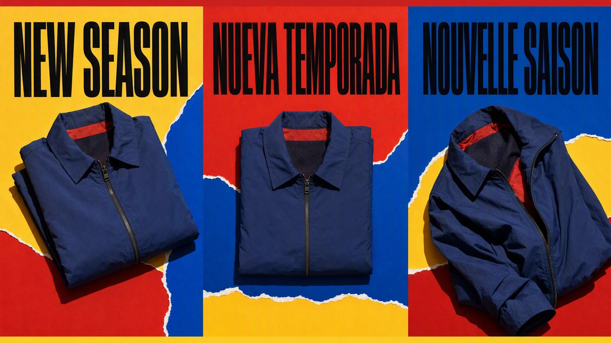 Sixteen-by-nine localized fashion campaign with English, Spanish and French launch variants.
