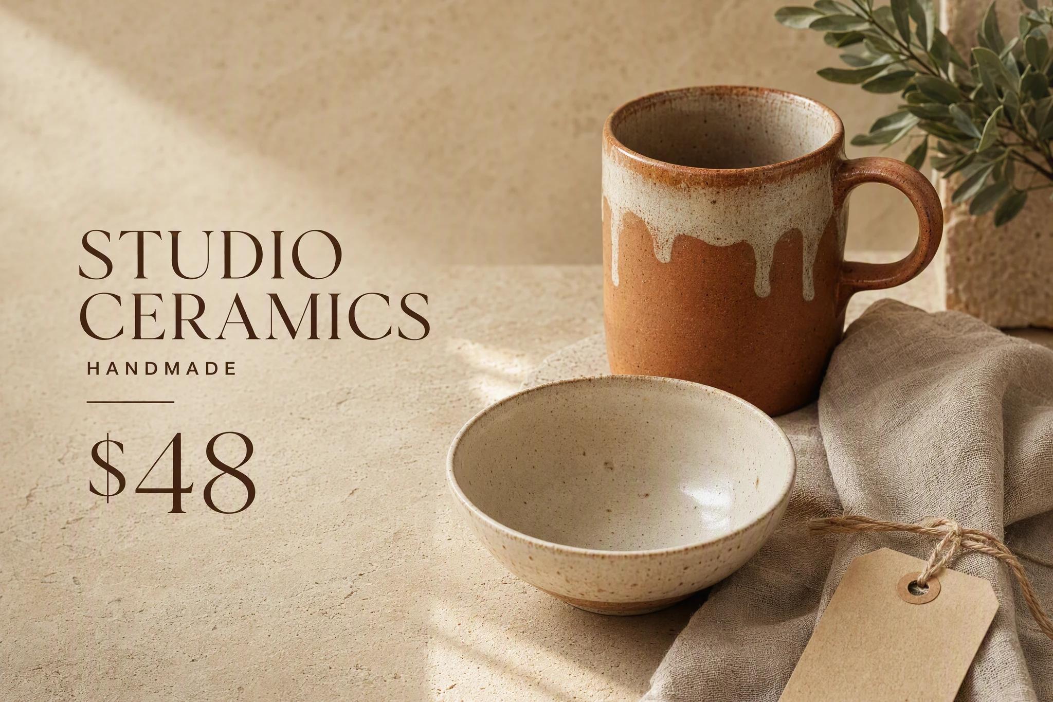 Three-by-two marketplace listing creative for handmade ceramics with product title, category and price.